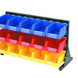 RACK ORGANIZADOR CON 15 CAJAS PLÃƒÂSTICAS APILABLES 3 COLORES
