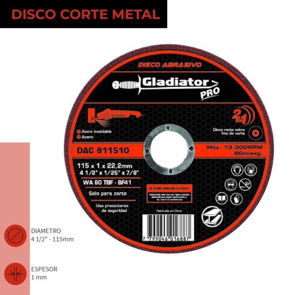 DISCO CORTE 4 1/2 X 1MM METAL INOX. - GLADIATOR