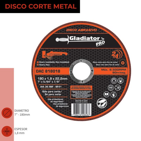 DISCO CORTE 9 X 1.8MM METAL INOX. - GLADIATOR