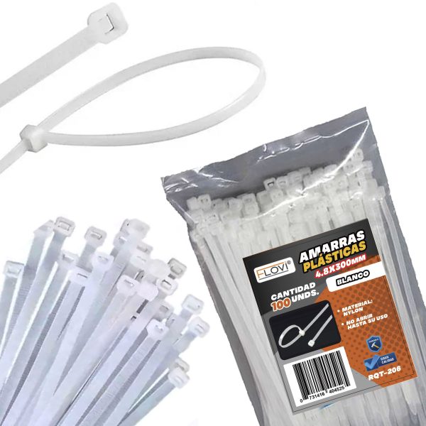 BOLSA 100 UND. AMARRA PLASTICA BLANCA 4.8X300 MM - GENERICO